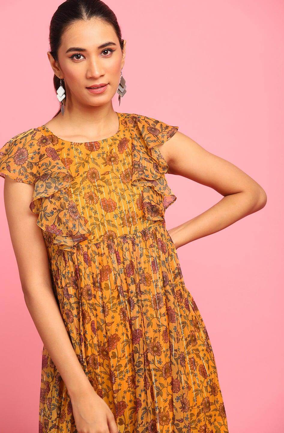 Mustard Poly Georgette Floral Flared Western Dress