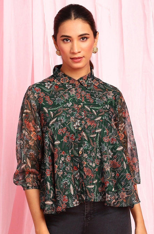 Green Poly Georgette Floral Print Regular Top