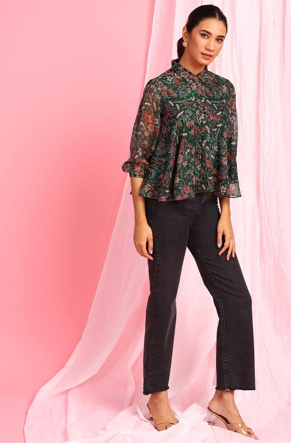 Green Poly Georgette Floral Print Regular Top