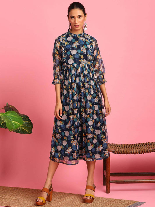 Navy Blue Poly Georgette Floral Flared Western Dress