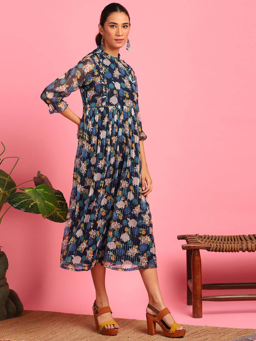 Navy Blue Poly Georgette Floral Flared Western Dress