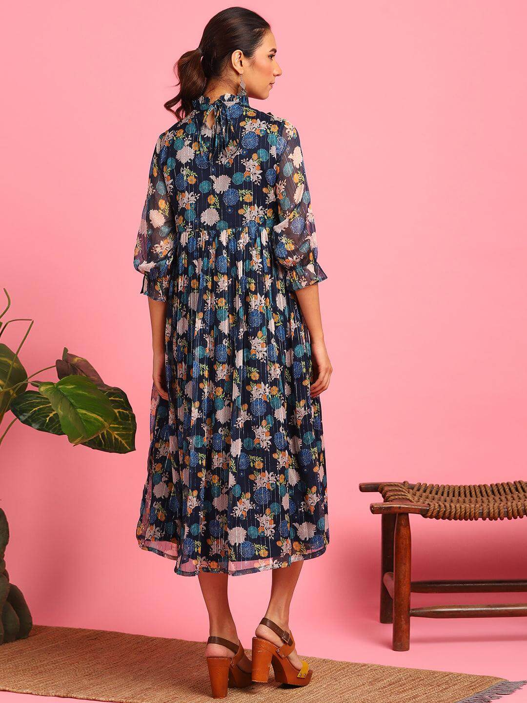 Navy Blue Poly Georgette Floral Flared Western Dress