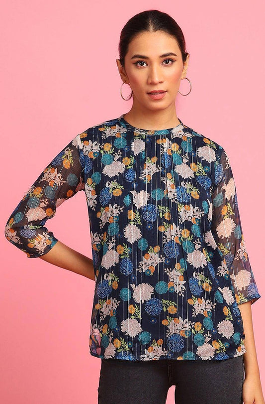 Navy Blue Poly Georgette Floral Print Regular Top