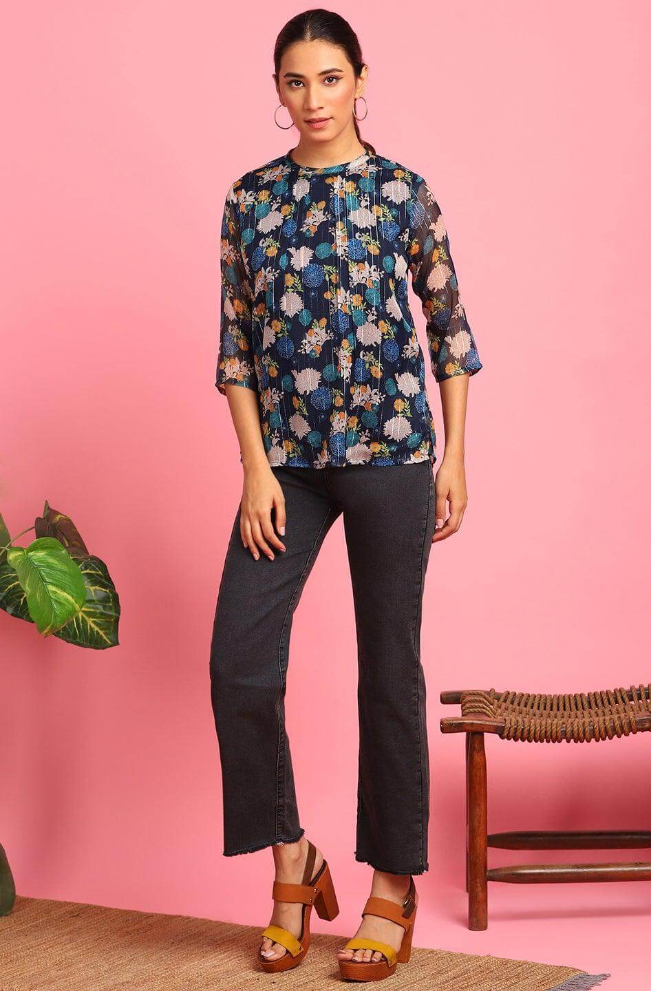 Navy Blue Poly Georgette Floral Print Regular Top