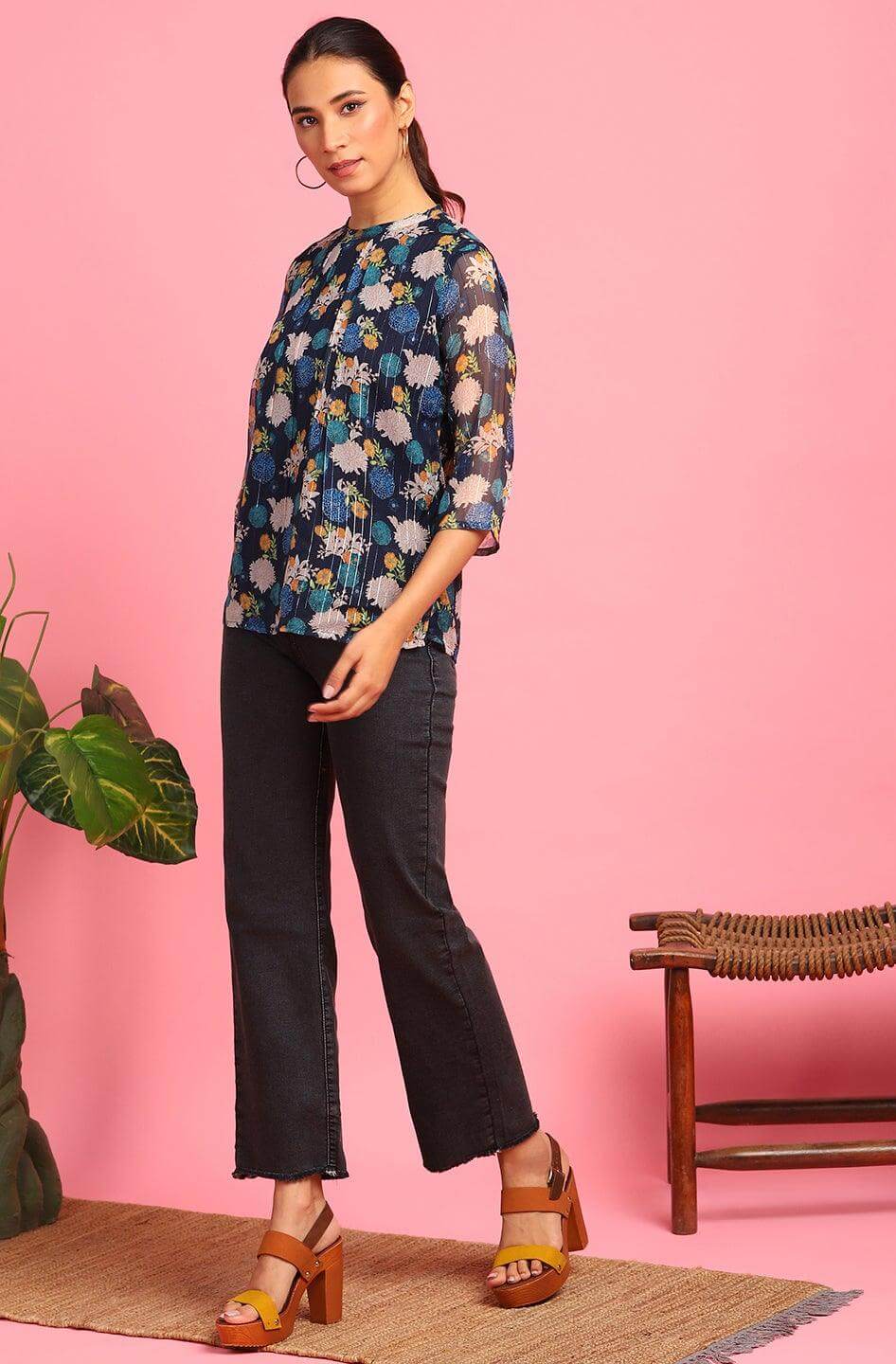 Navy Blue Poly Georgette Floral Print Regular Top