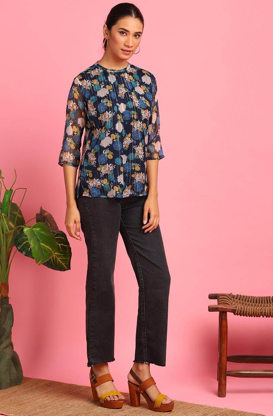 Navy Blue Poly Georgette Floral Print Regular Top