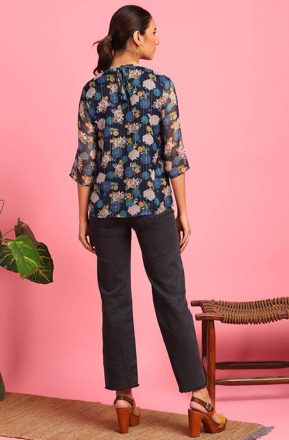Navy Blue Poly Georgette Floral Print Regular Top