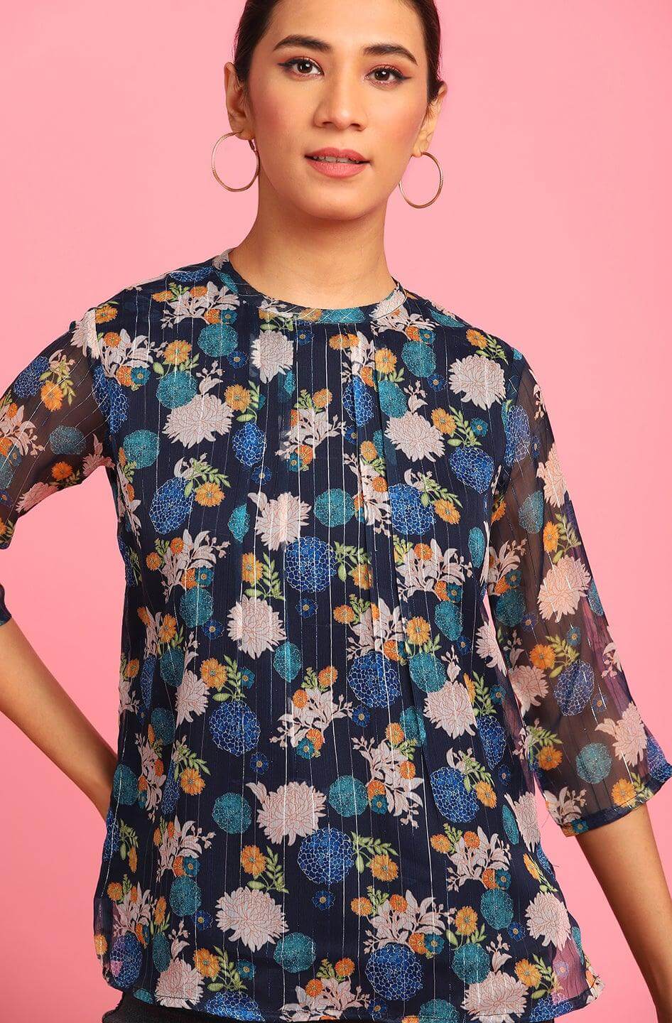 Navy Blue Poly Georgette Floral Print Regular Top