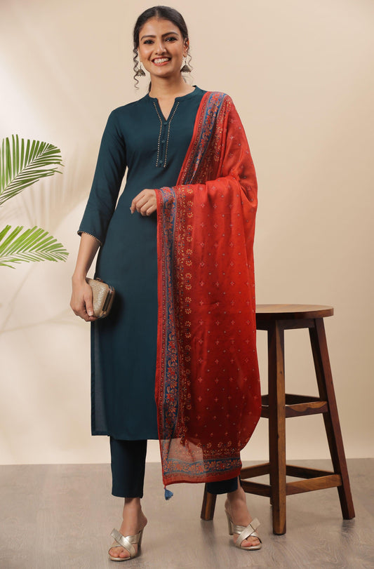 Teal Rayon Solid Kurta with Pant and Dupatta