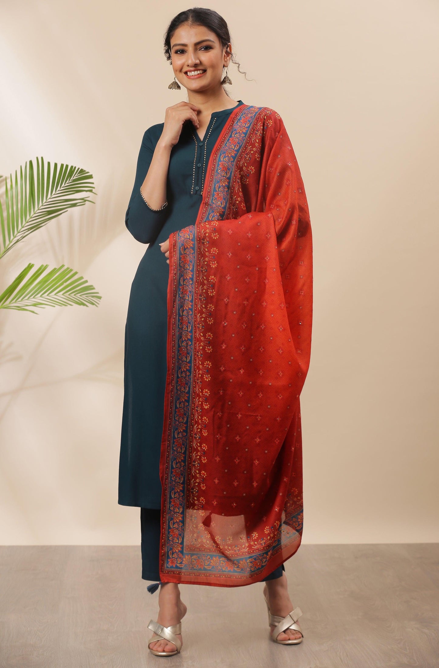 Teal Rayon Solid Kurta with Pant and Dupatta