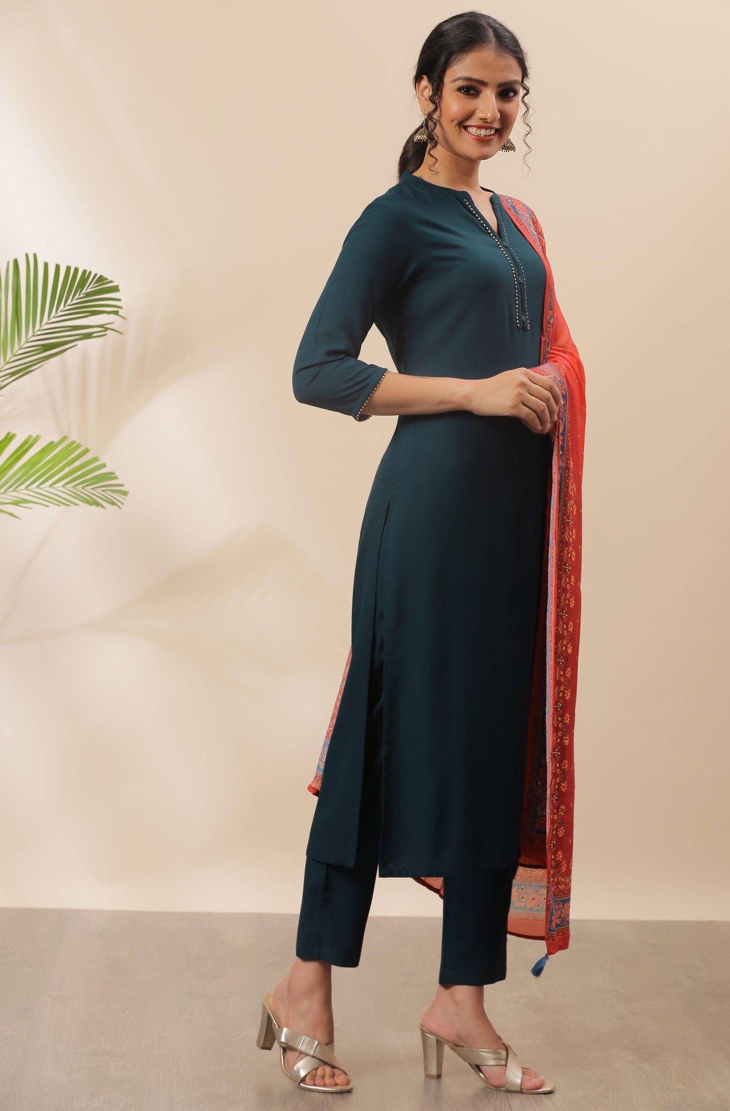 Teal Rayon Solid Kurta with Pant and Dupatta