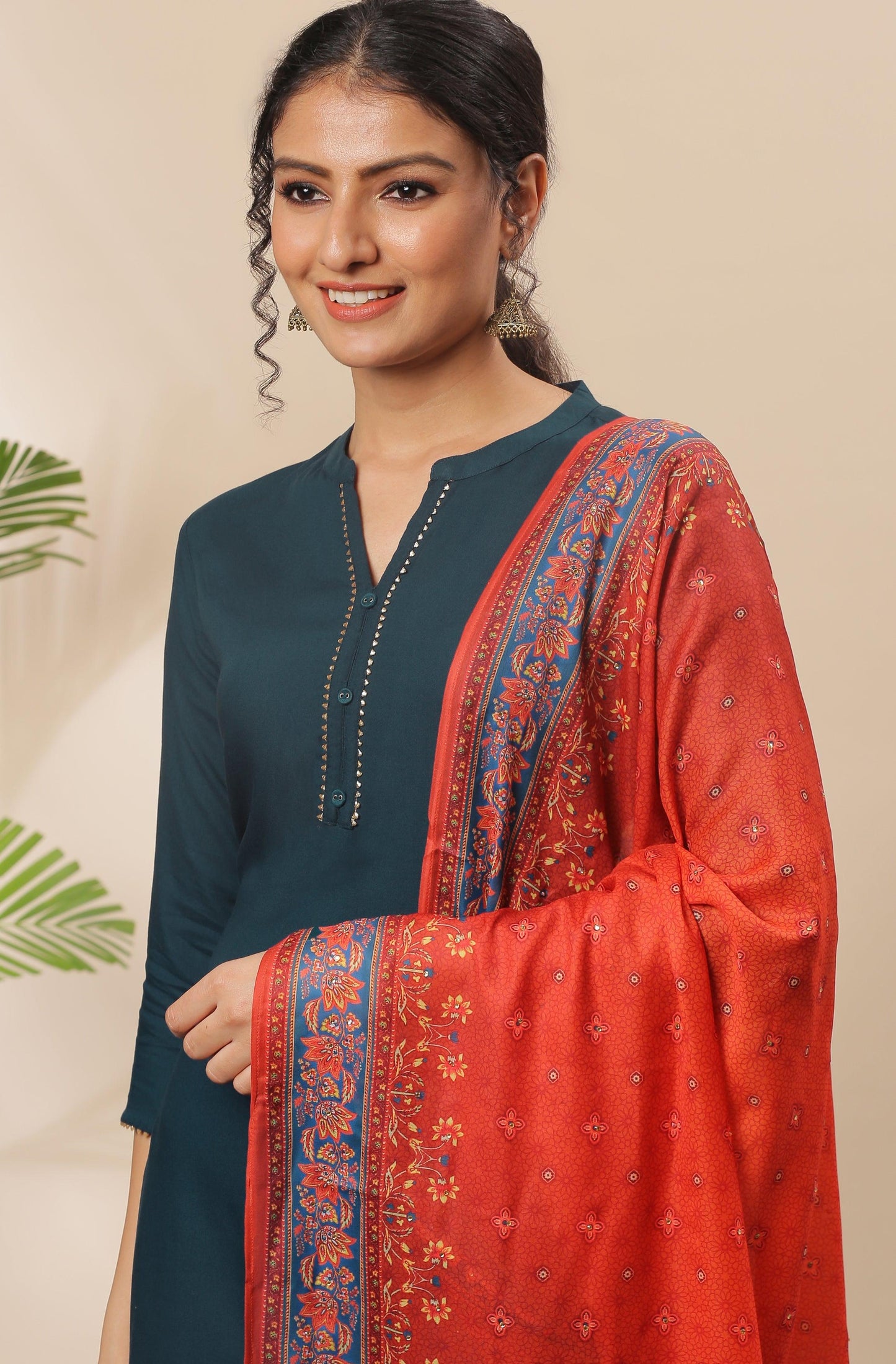 Teal Rayon Solid Kurta with Pant and Dupatta