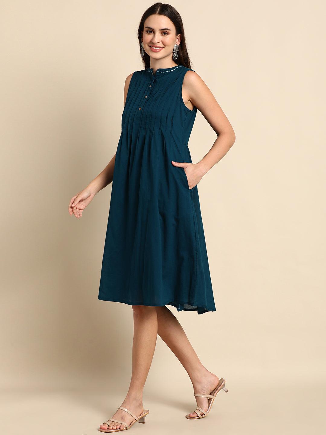 Teal Cotton Solid A-line Western Dress