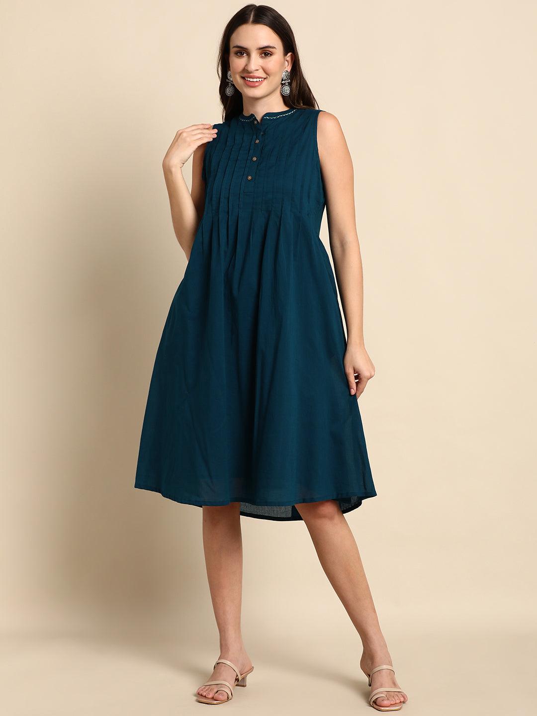 Teal Cotton Solid A-line Western Dress