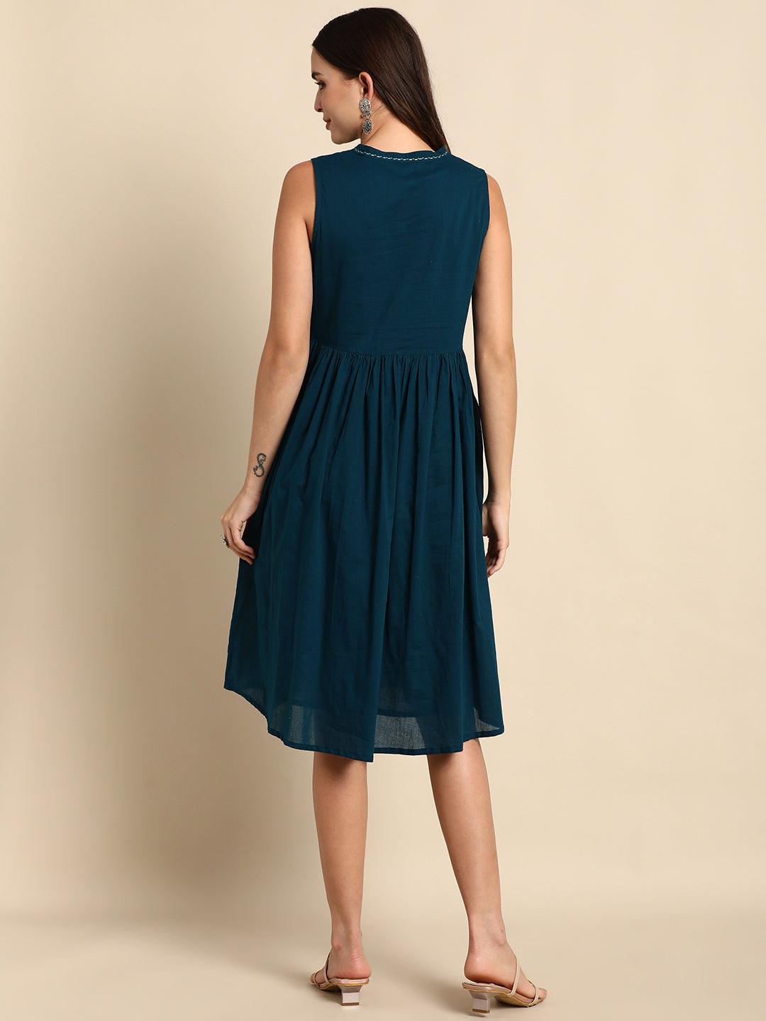 Teal Cotton Solid A-line Western Dress