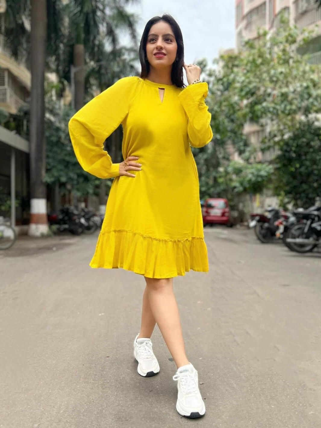 Yellow Cotton Solid Drop-Waist Western Dress