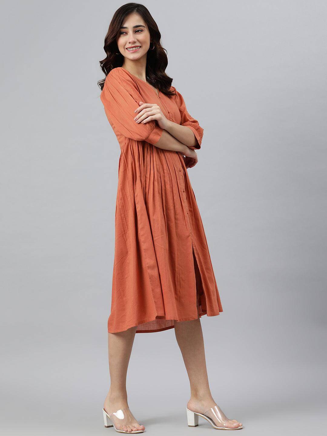 Coral Orange Cotton Solid Flared Western Dress