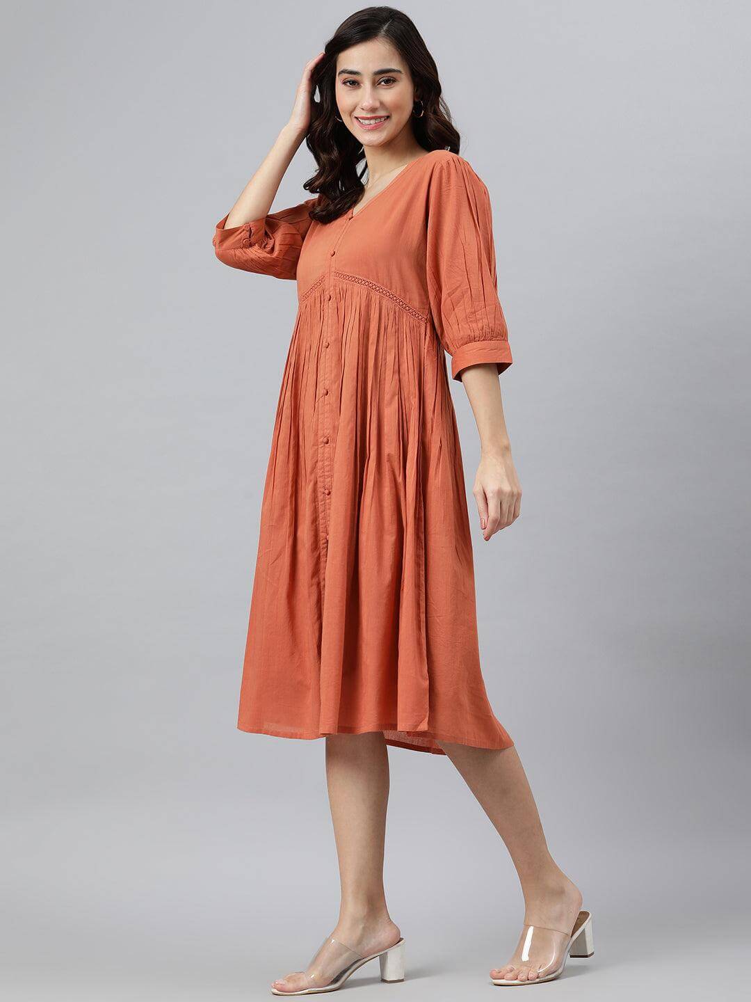 Coral Orange Cotton Solid Flared Western Dress