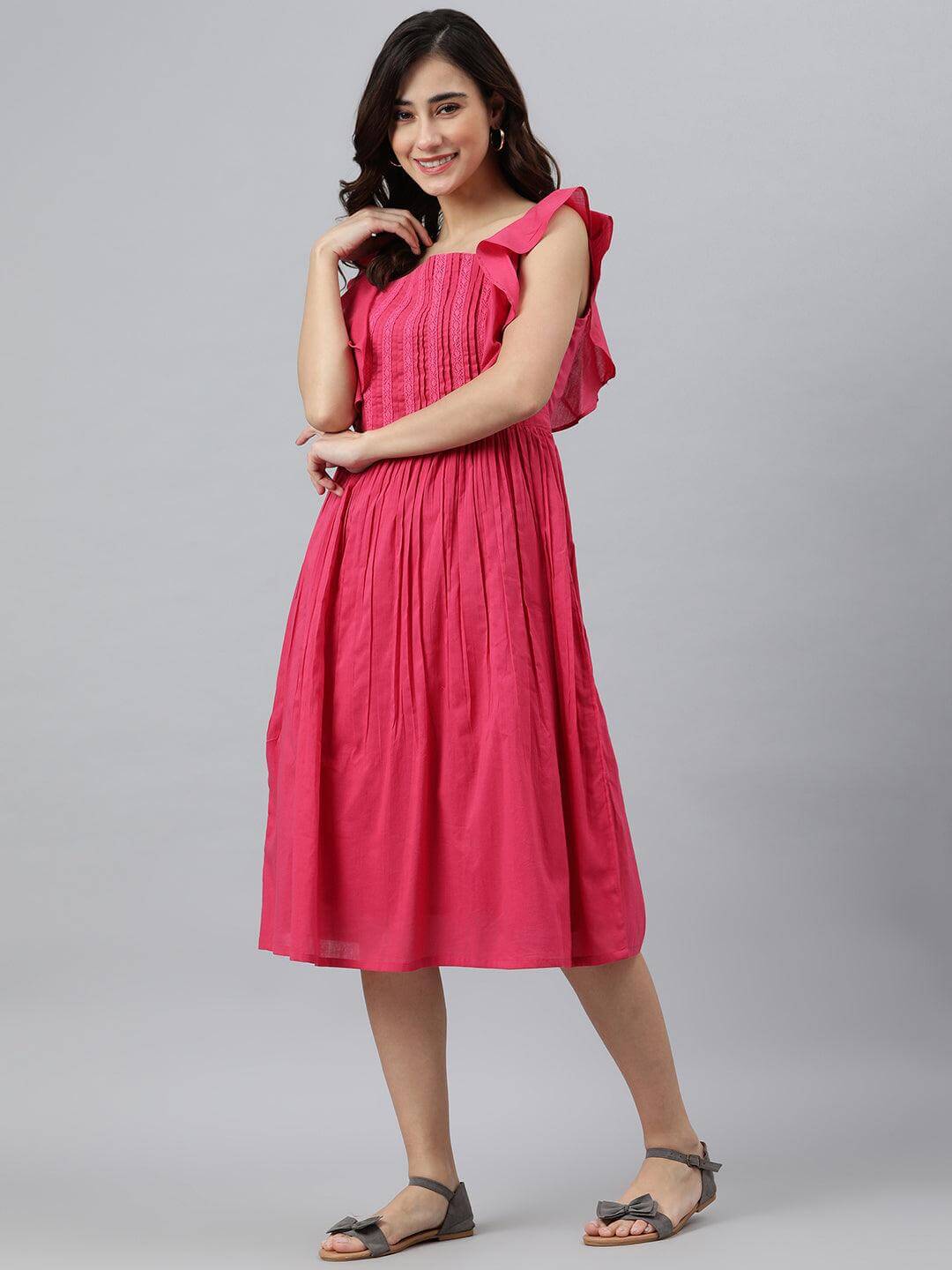 Pink Cotton Solid Flared Western Dress