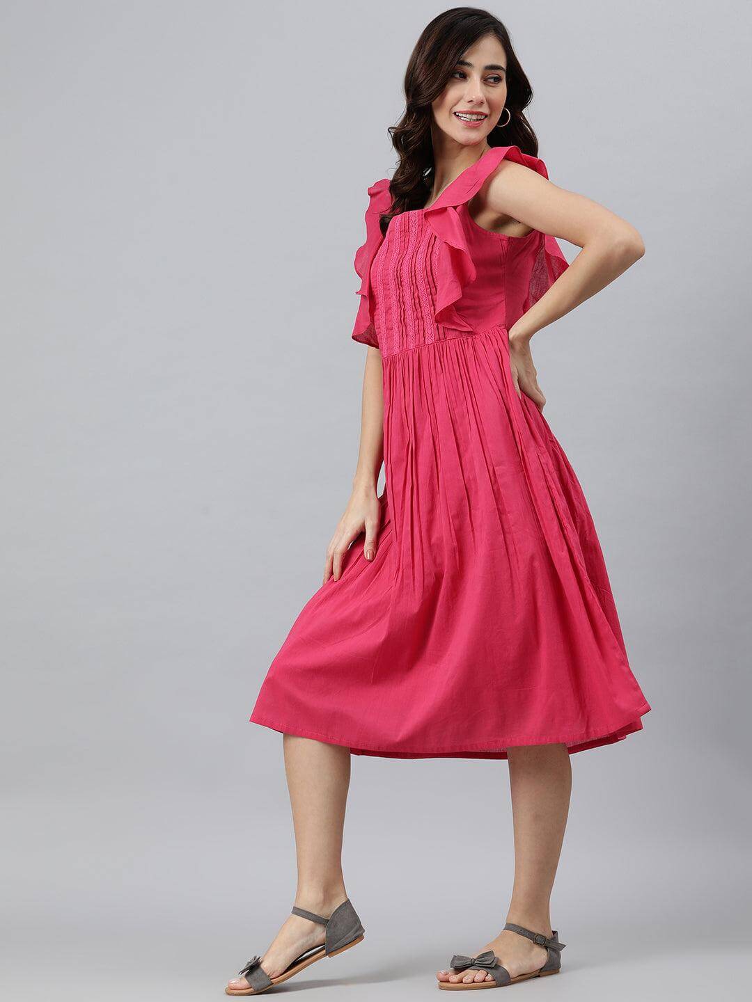 Pink Cotton Solid Flared Western Dress