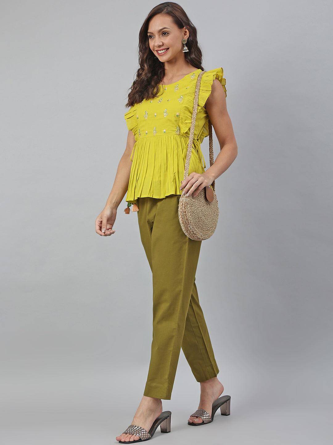 Yellow Cotton Embroidered Peplum Top