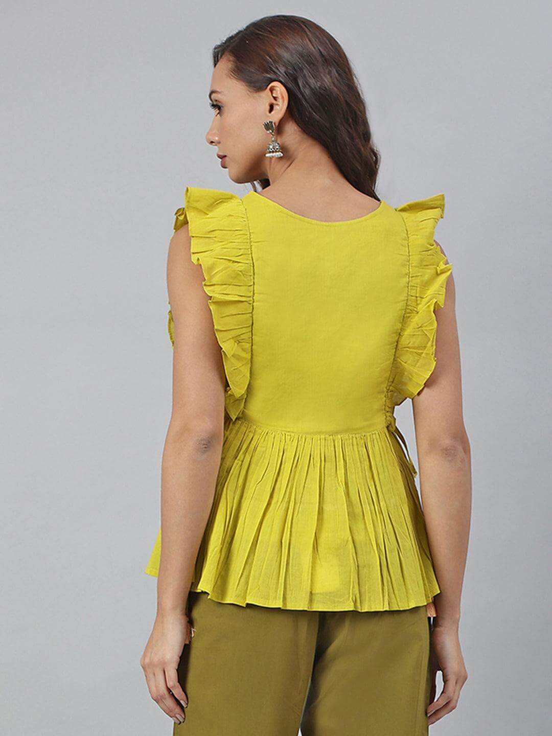 Yellow Cotton Embroidered Peplum Top