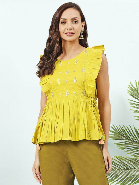 Yellow Cotton Embroidered Peplum Top