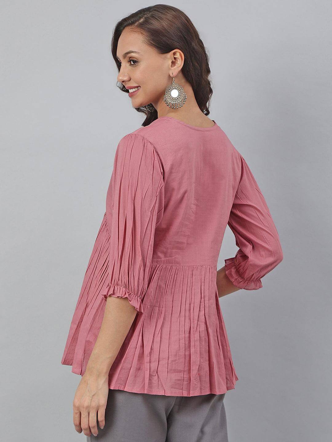 Pink Cotton Embroidered Fit and Flared Top