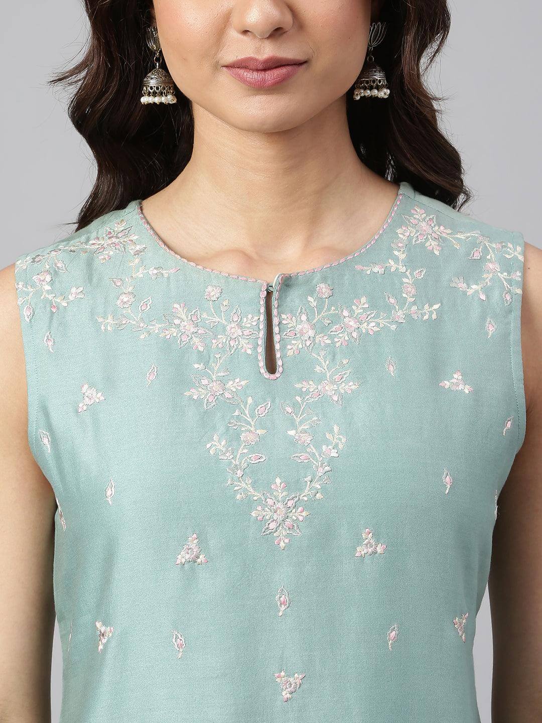 Sea Green Chanderi Silk Solid Kurta with Pant