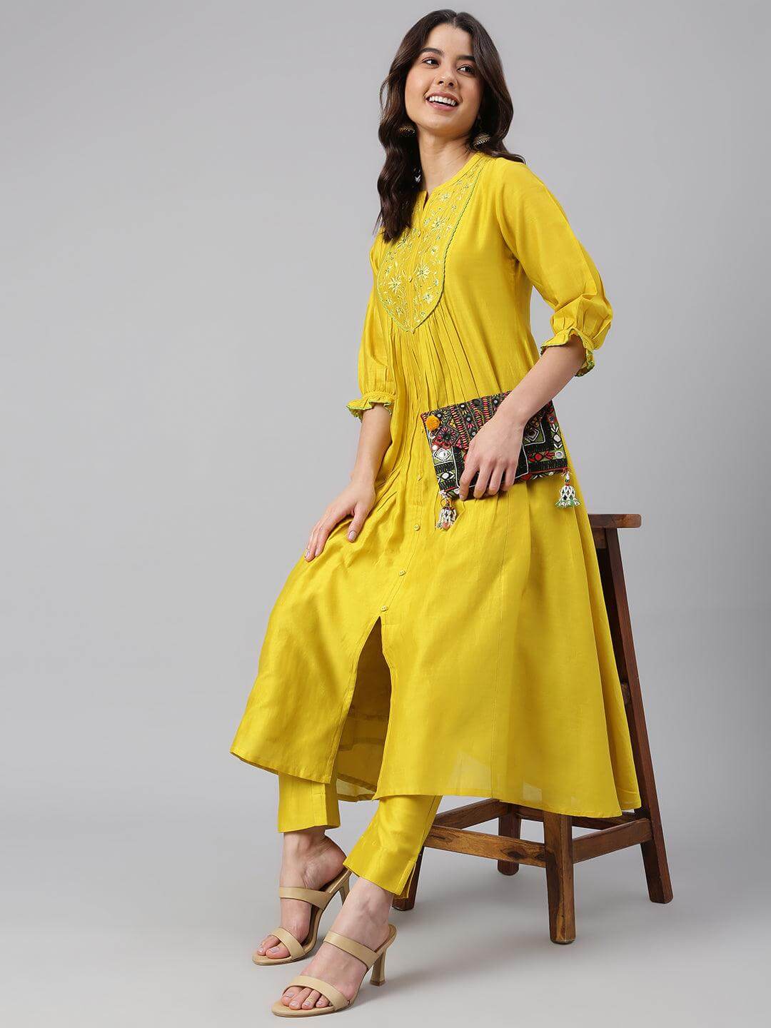 Yellow Crepe Silk Solid Kurta with Pant