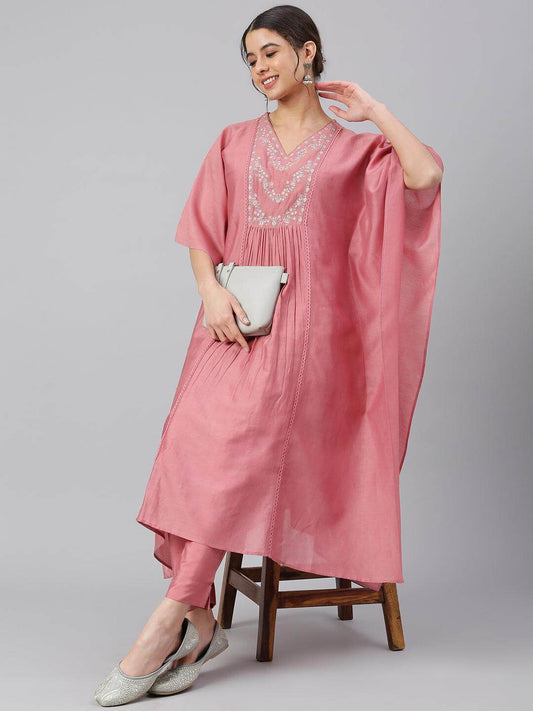 Rose Red Polyester Solid Kaftan with Pant