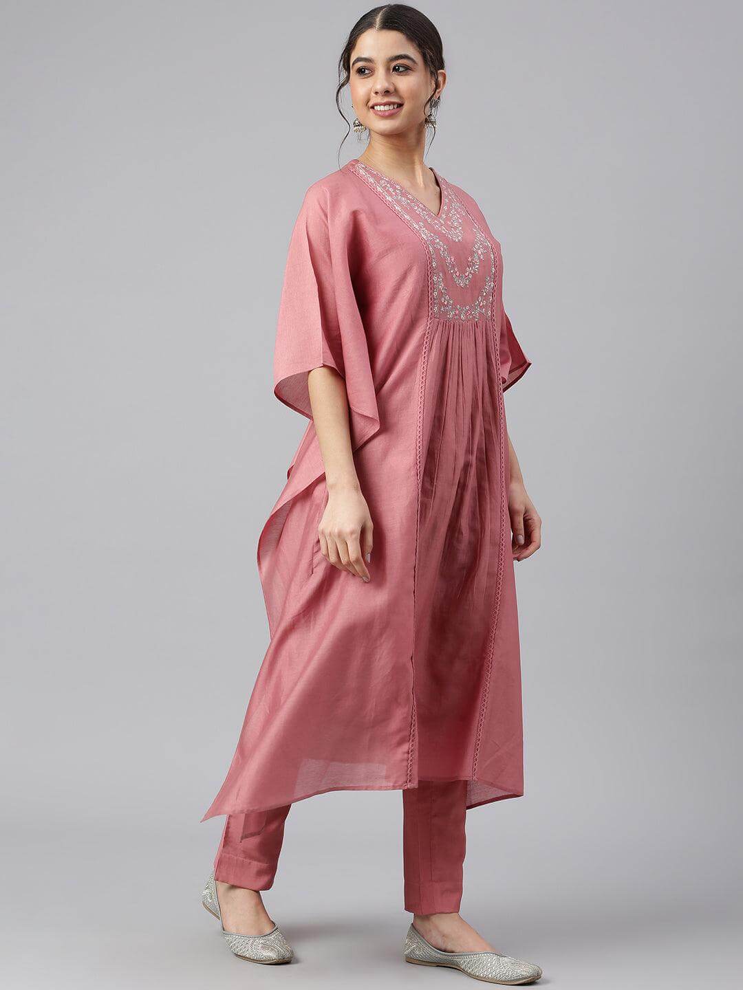 Rose Red Polyester Solid Kaftan with Pant