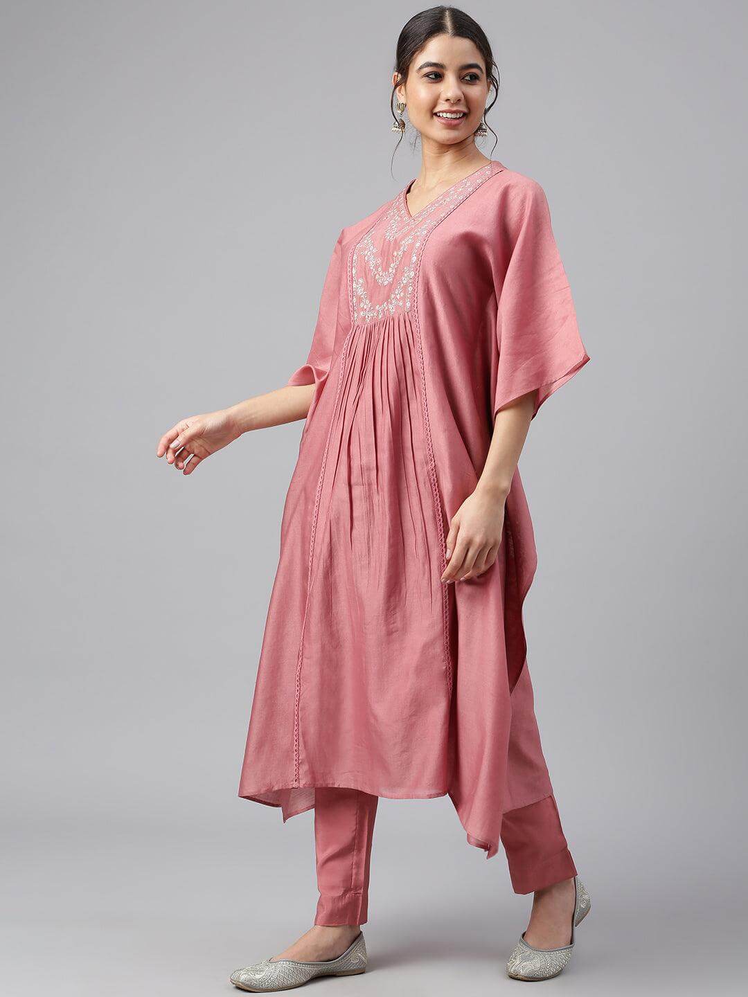 Rose Red Polyester Solid Kaftan with Pant