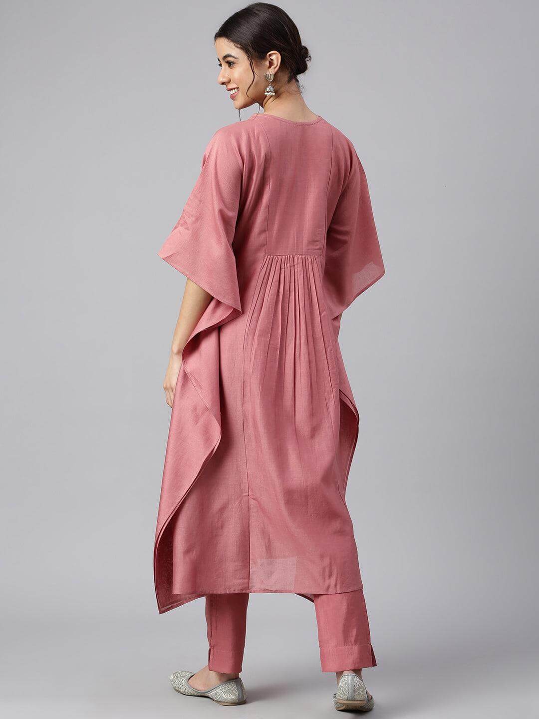 Rose Red Polyester Solid Kaftan with Pant