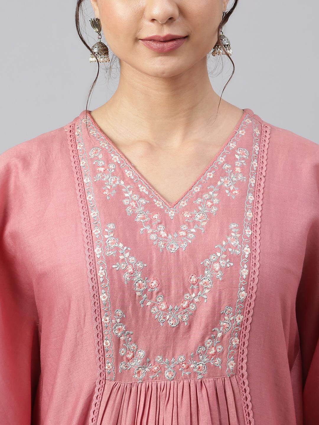 Rose Red Polyester Solid Kaftan with Pant