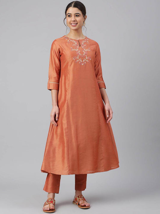 Rust Orange Poly Silk Embroidered Kurta with Pant