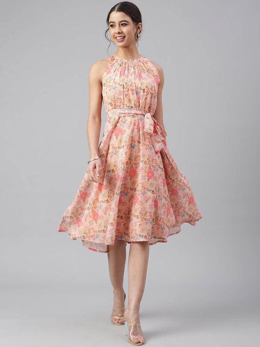 Peach Georgette Floral Print A-line Western Dress