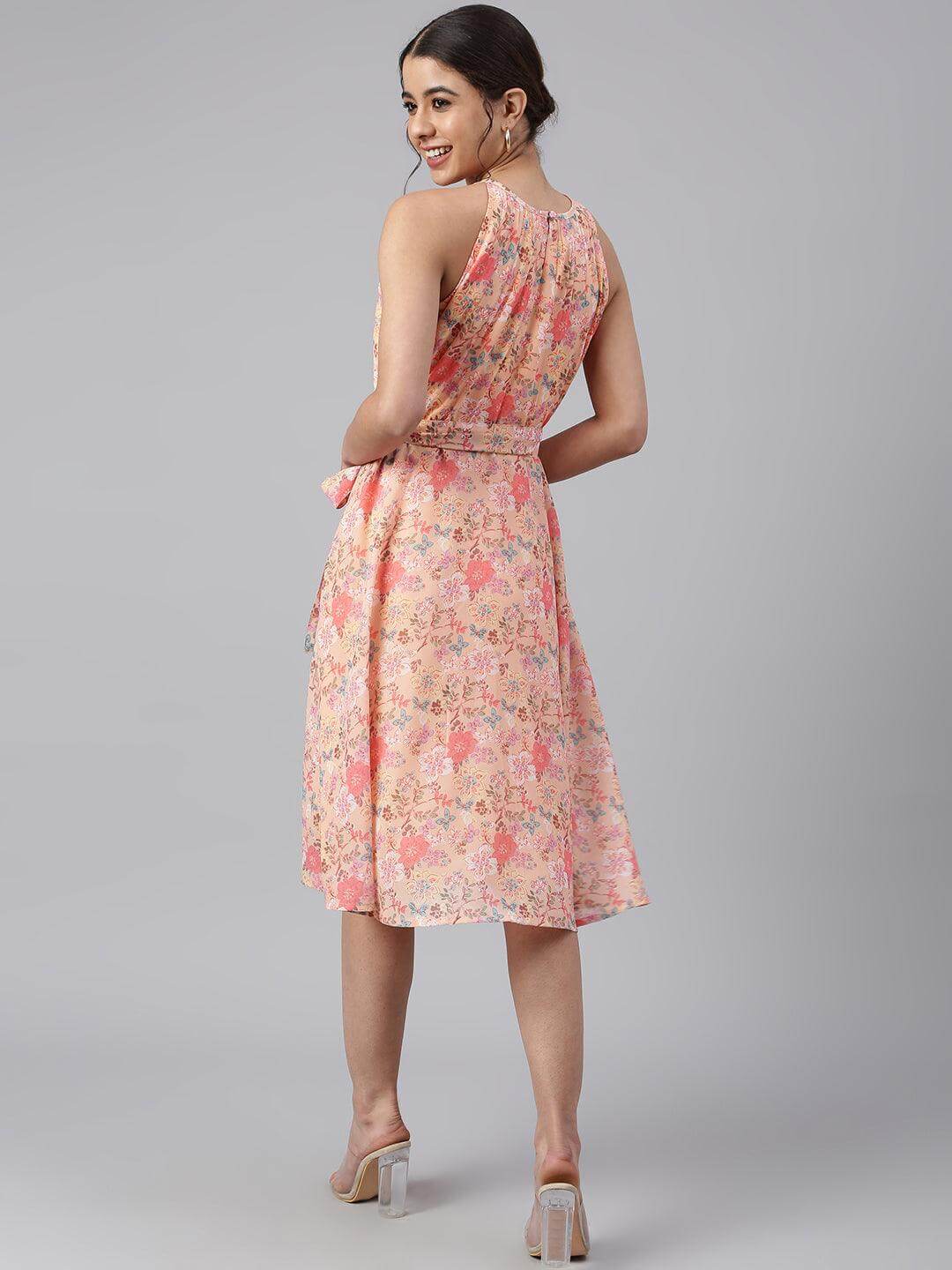 Peach Georgette Floral Print A-line Western Dress