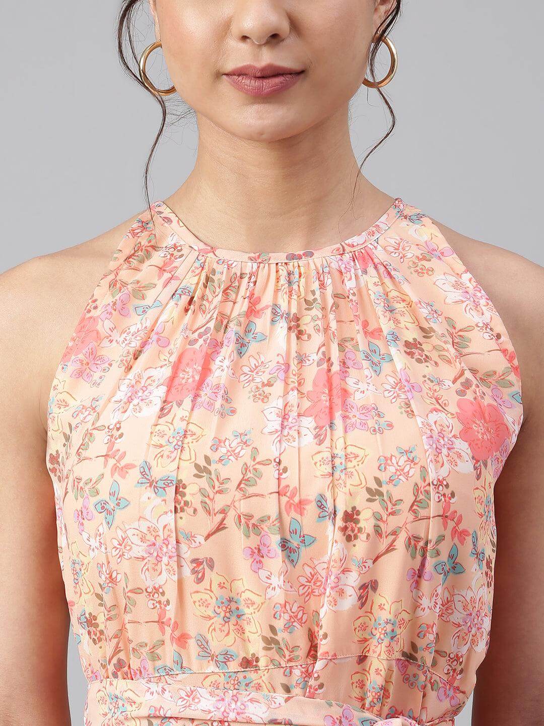 Peach Georgette Floral Print A-line Western Dress