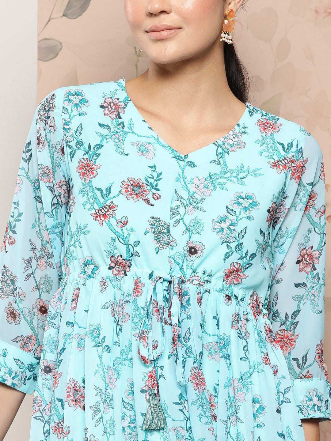 Sky Blue Georgette Floral Print Asymmetric Western Dress