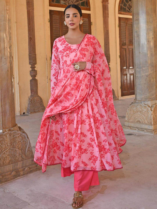 Pink Georgette Floral Print Kurta with Flared Palazzo and Dupatta