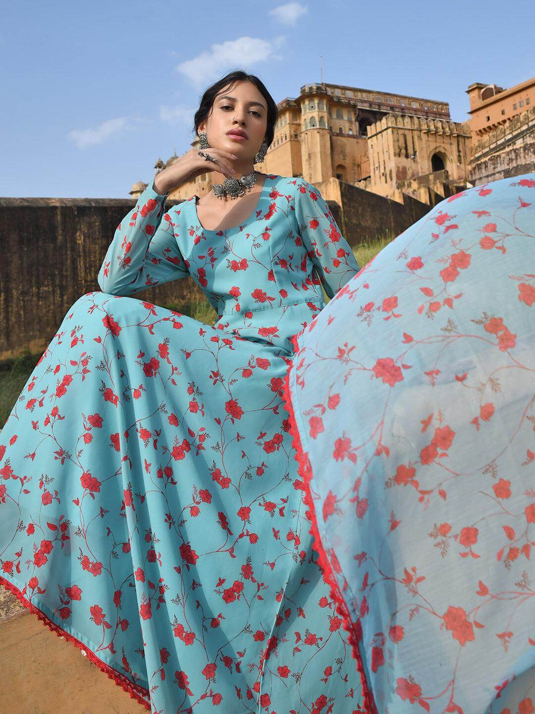 Blue Georgette Floral Print Kurta with Flared Palazzo and Dupatta