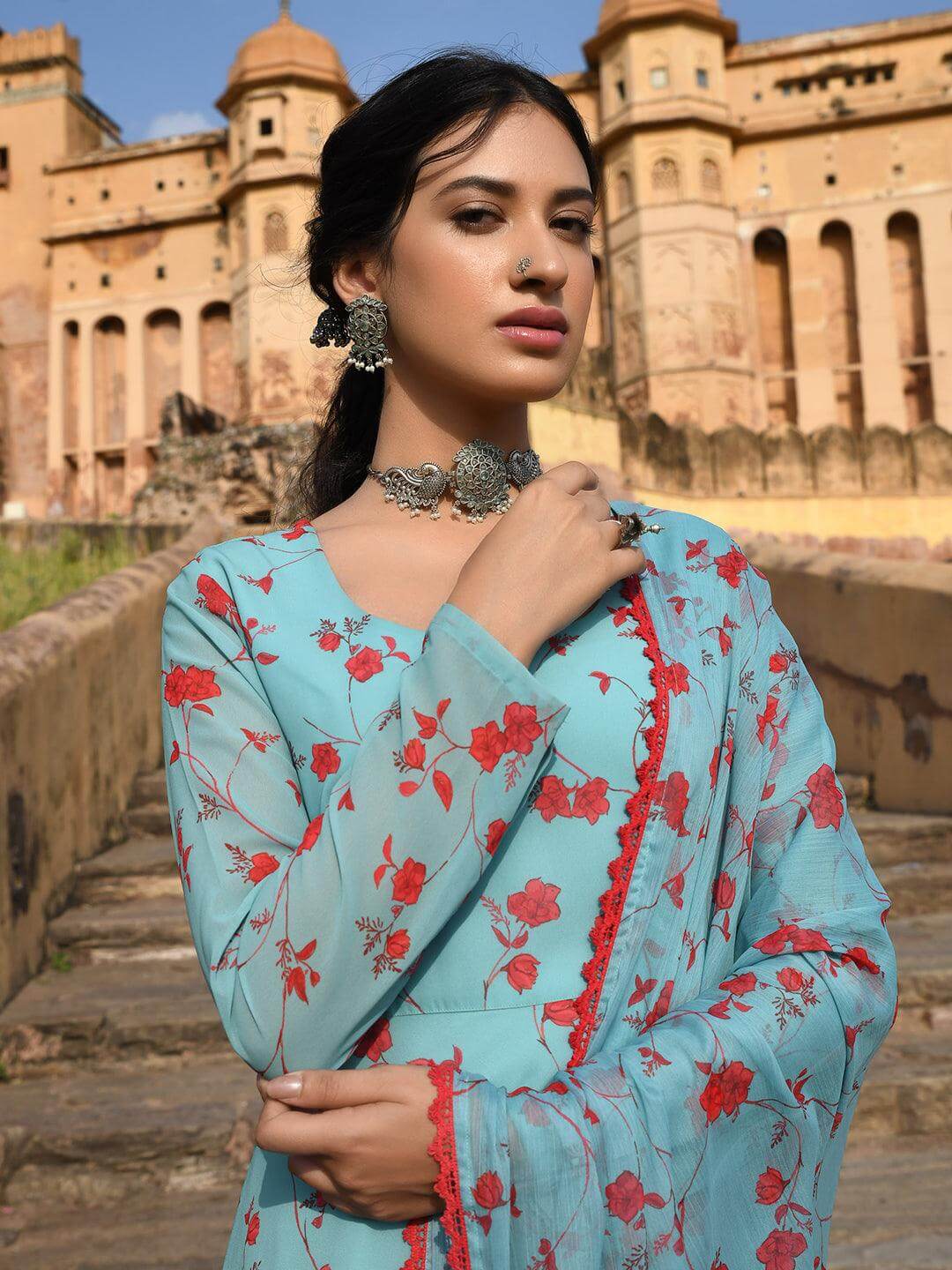Blue Georgette Floral Print Kurta with Flared Palazzo and Dupatta