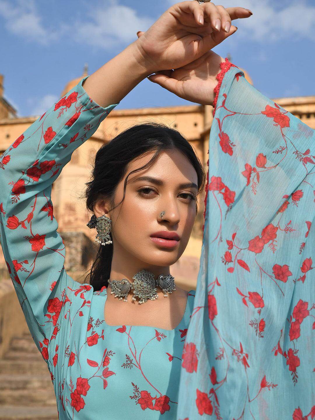 Blue Georgette Floral Print Kurta with Flared Palazzo and Dupatta