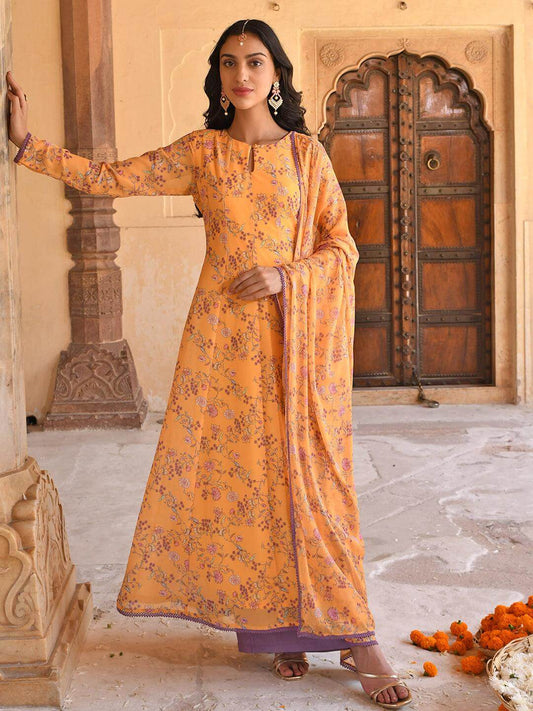 Yellow Georgette Floral Print Kurta with Flared Palazzo and Dupatta