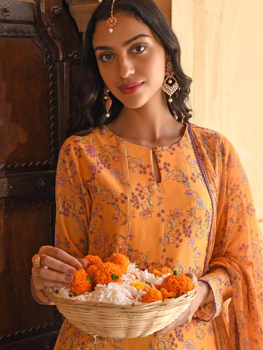 Yellow Georgette Floral Print Kurta with Flared Palazzo and Dupatta