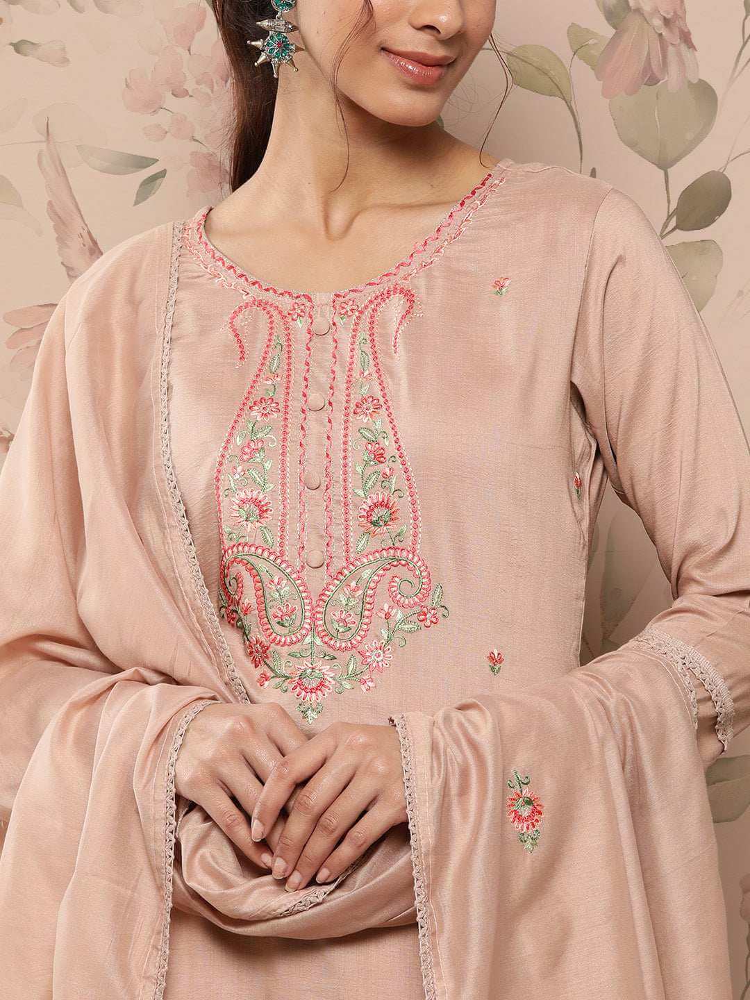 Rose Gold Poly Silk Floral Embroidery Kurta with Pant and Dupatta