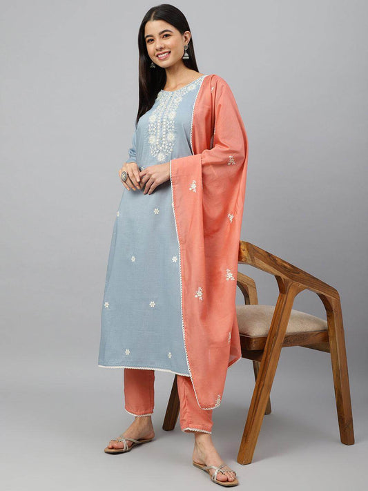 Grey Poly Silk Floral Embroidery Kurta with Pant and Dupatta