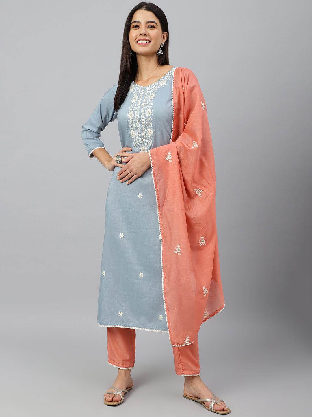 Grey Poly Silk Floral Embroidery Kurta with Pant and Dupatta