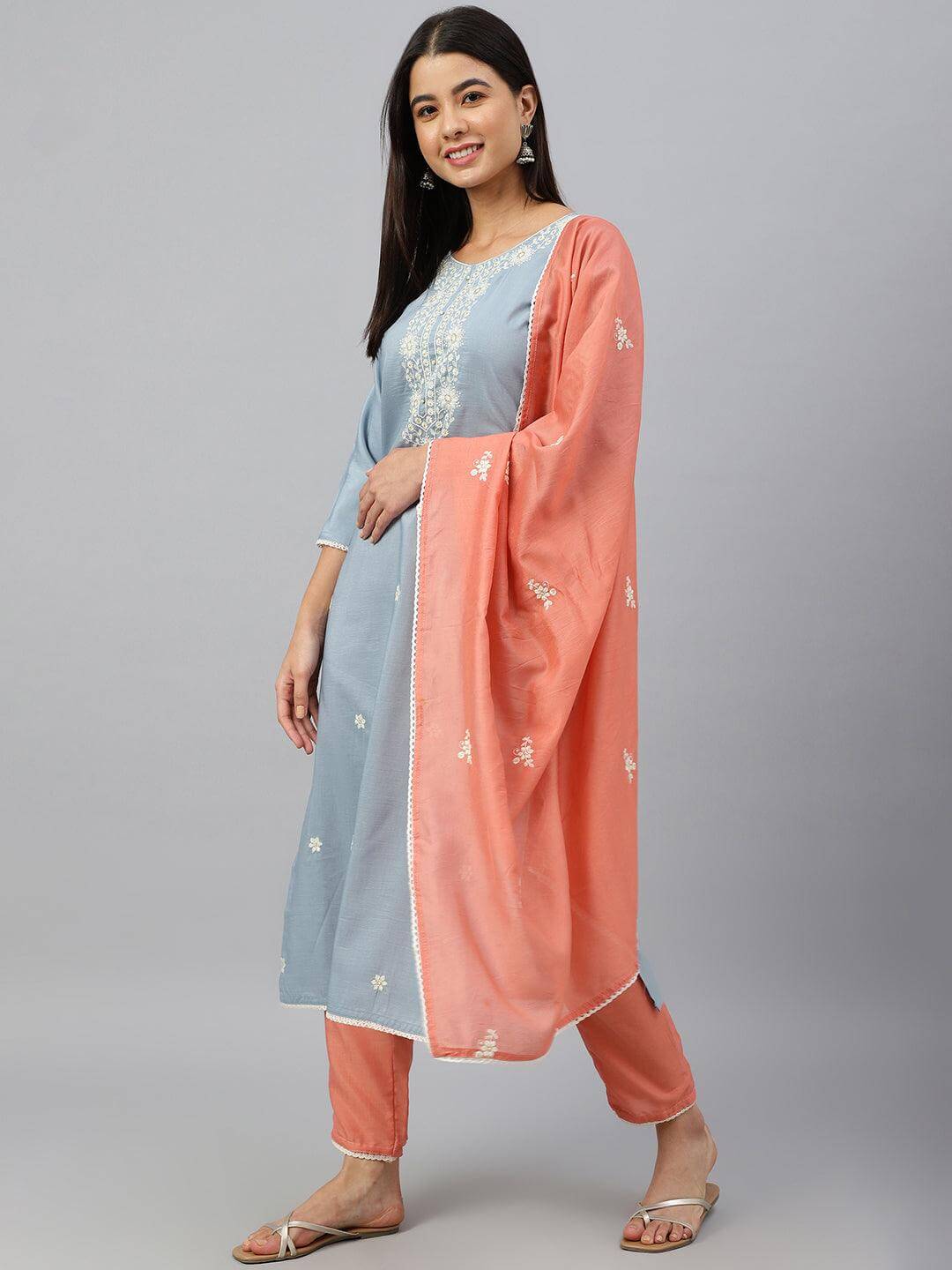 Grey Poly Silk Floral Embroidery Kurta with Pant and Dupatta